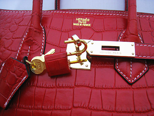 High Quality Fake Hermes Silver Lockpin Birkin 35cm Crocodile Veins Bag Red 6089